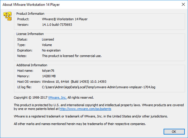 VMware Workstation Player 14.1.0 Build 7370693 Commercial